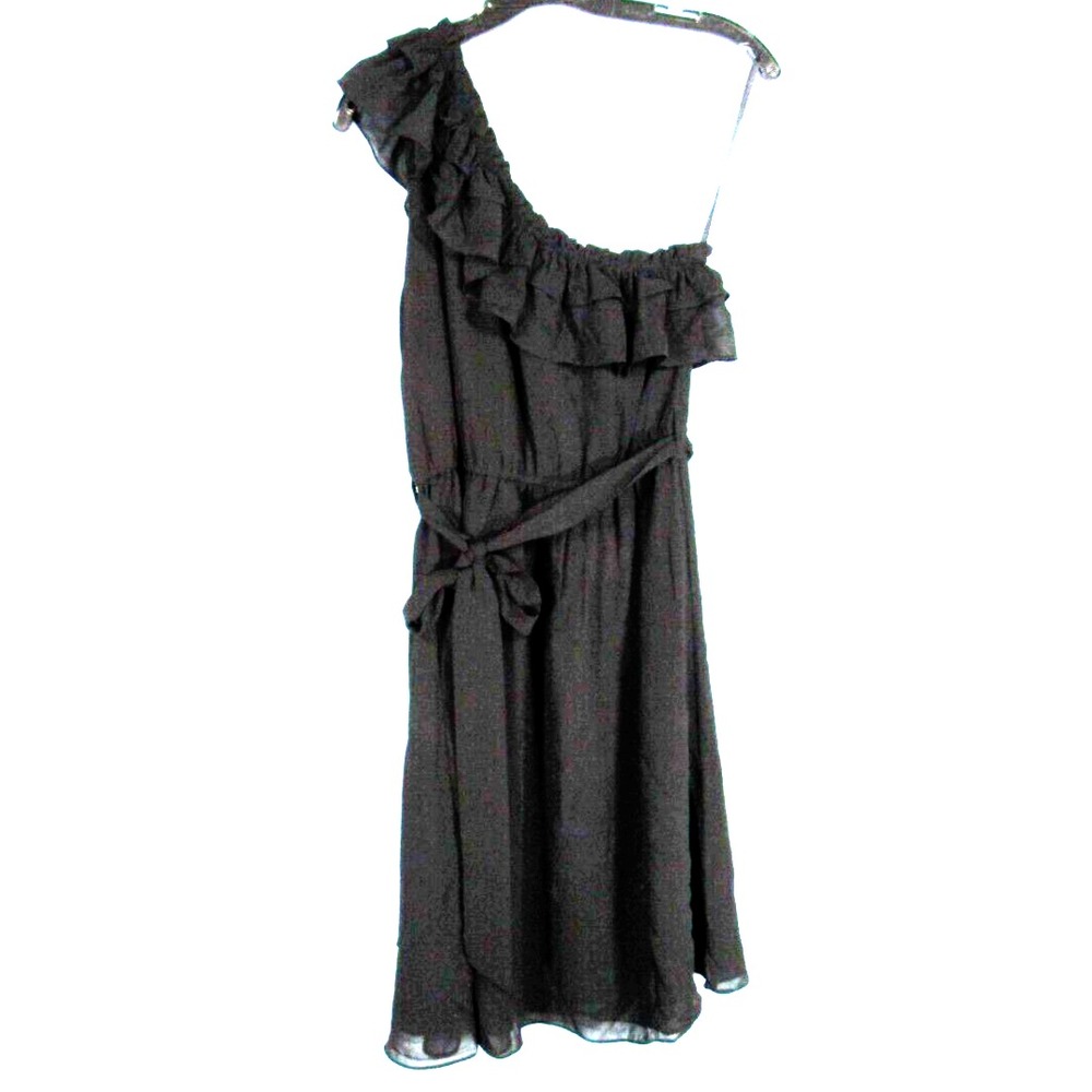 HAZEL Whimsigoth Black LAYERED CHIFFON Ruffle ONE-SHOULDER Blouson Shift Dress L